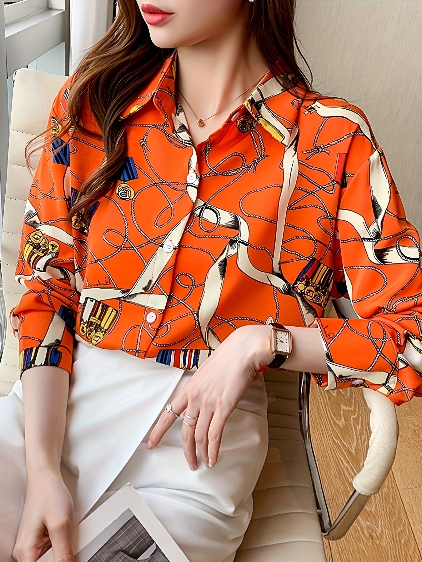 Graphic Print Button Front Shirt, Casual Long Sleeve Shirt For Spring, Women&