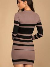 Elegant Striped Sweater Dress for Women - Viscose Blend Bodycon Knit Fabric with Color Block Design, Crew Neck, Long Sleeves - MyEmpired