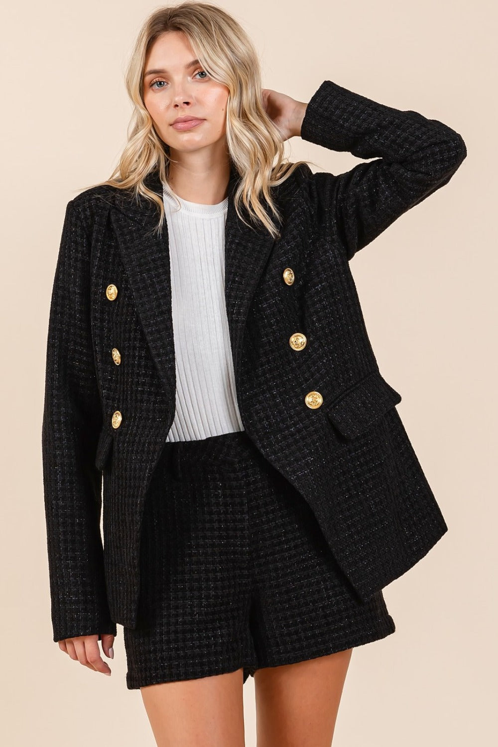 Mittoshop Plaid Texture Double-Breasted Long Sleeve Blazer - MyEmpired