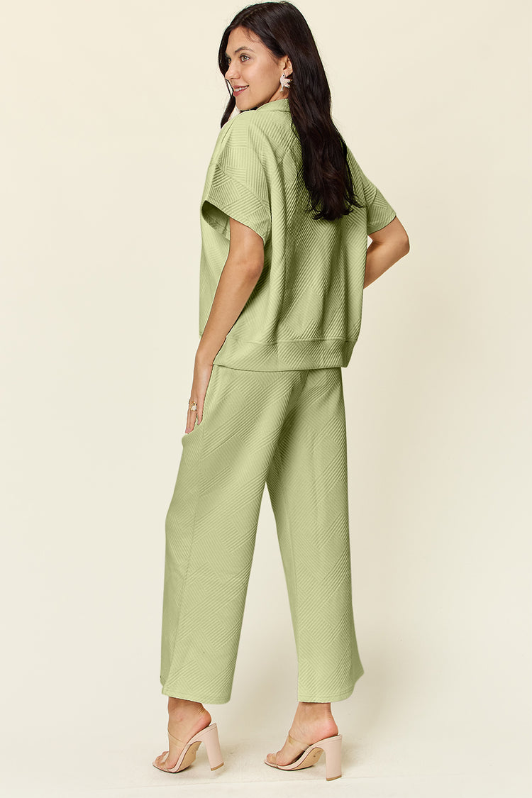 Double Take Full Size Texture Half Zip Short Sleeve Top and Pants Set - MyEmpired