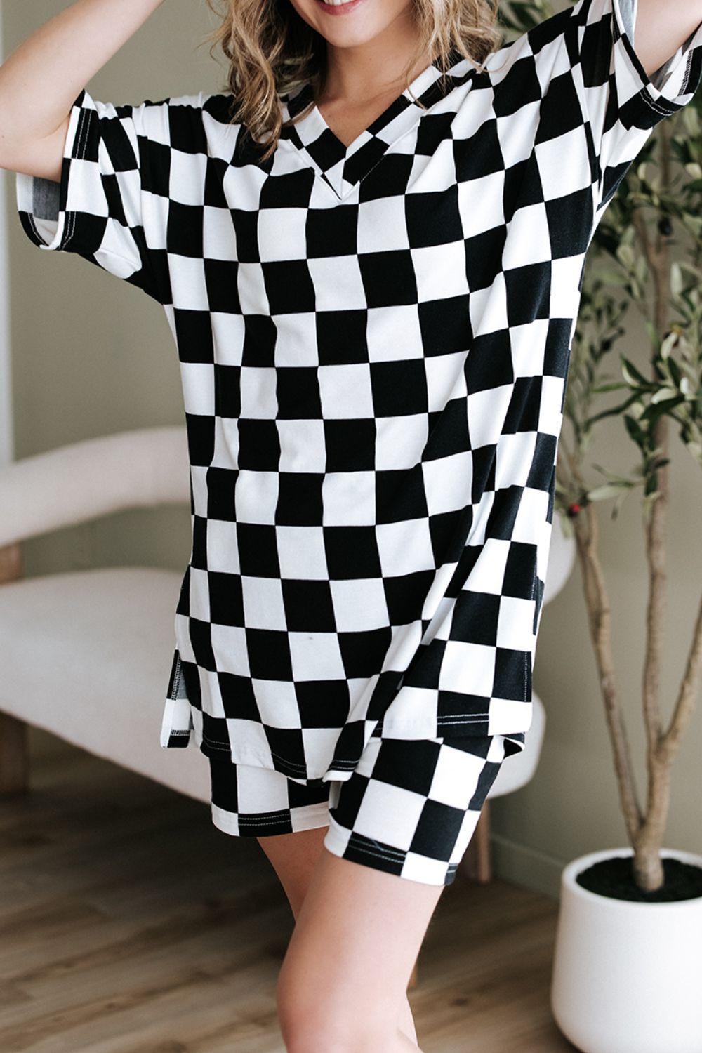 Checkerboard V Neck Loose Tee and Shorts Set - MyEmpired