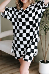 Checkerboard V Neck Loose Tee and Shorts Set - MyEmpired