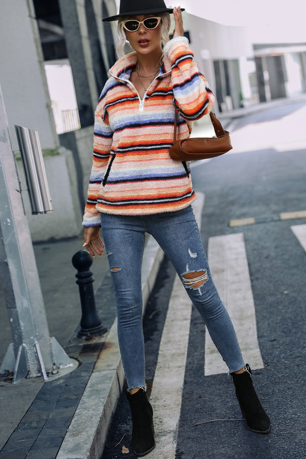Striped Quarter Zip Dropped Shoulder Sweatshirt - MyEmpired