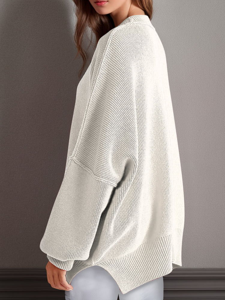 Double Take Side Slit Round Neck Long Sleeve Sweater - MyEmpired