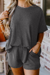 Textured Round Neck Top and Shorts Set - MyEmpired