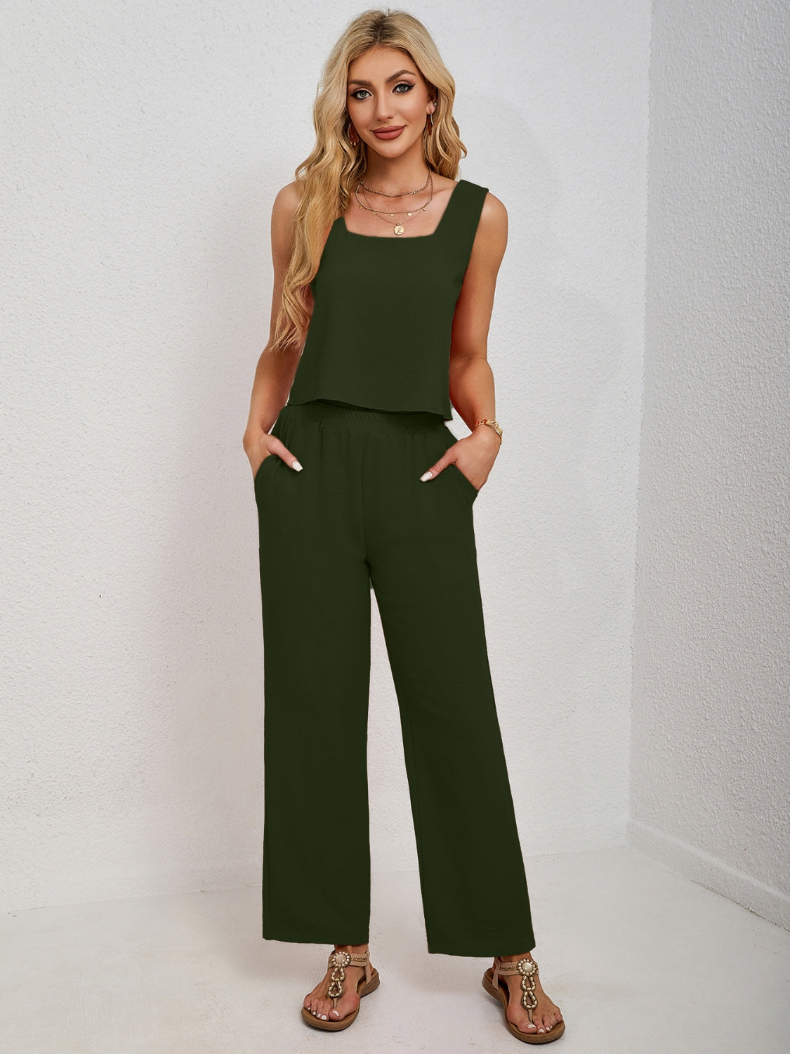 Square Neck Tank and Wide Leg Pants Set - MyEmpired