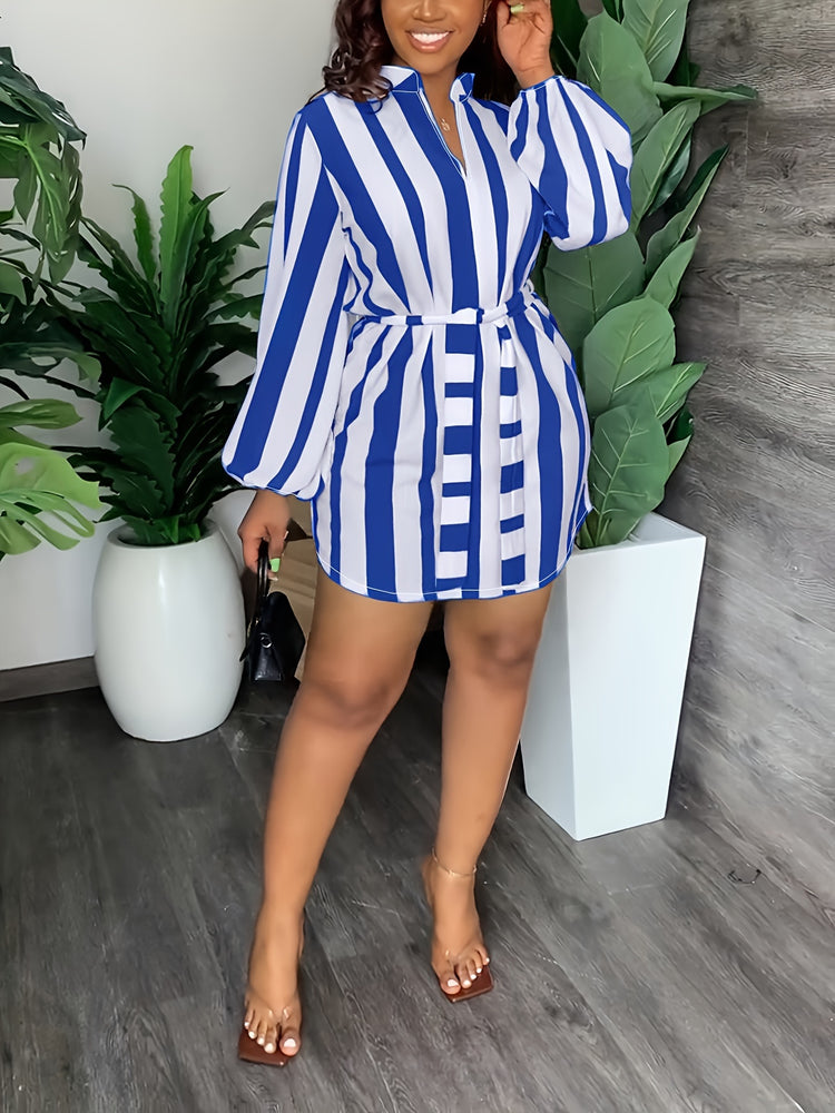 Striped Print Lantern Sleeve Dress, Casual Tie-waist Notch Neck Dress, Women&