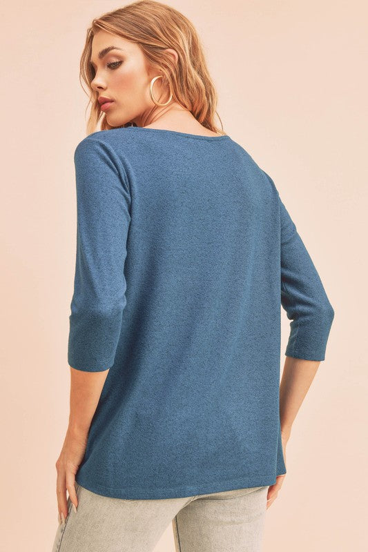 Aemi + Co Twist Front Round Neck 3/4 Sleeve T-Shirt - MyEmpired