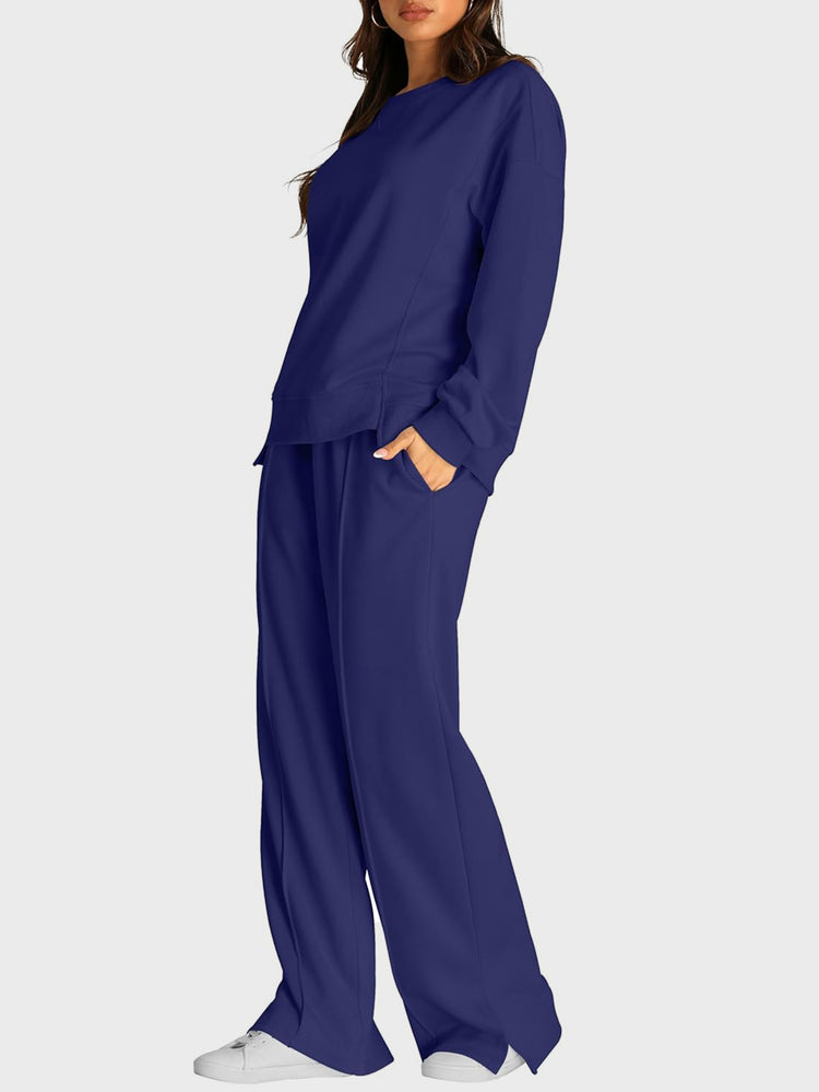 Round Neck Long Sleeve Top and Slit Pants Set - MyEmpired