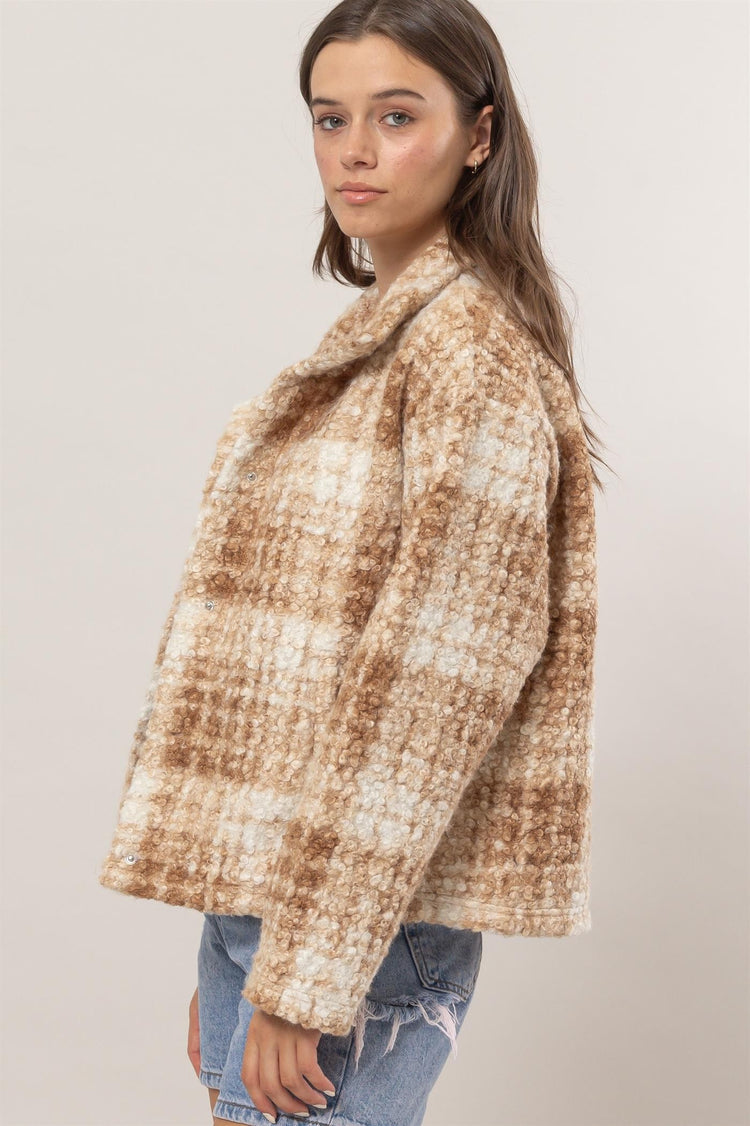 HYFVE Plaid Collared Neck Boucle Jacket with Pockets - MyEmpired