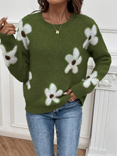 Floral Pattern Crew Neck Sweater, Casual Long Sleeve Sweater For Fall & Winter, Women&