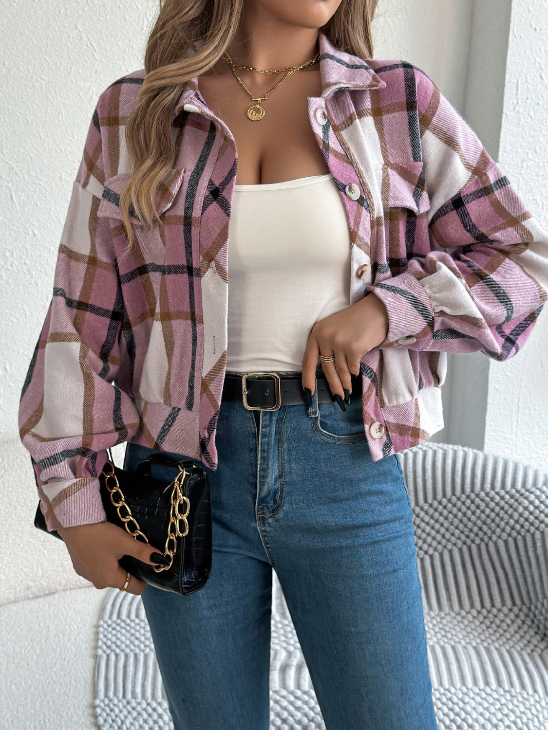 Plaid Button Up Long Sleeve Jacket - MyEmpired