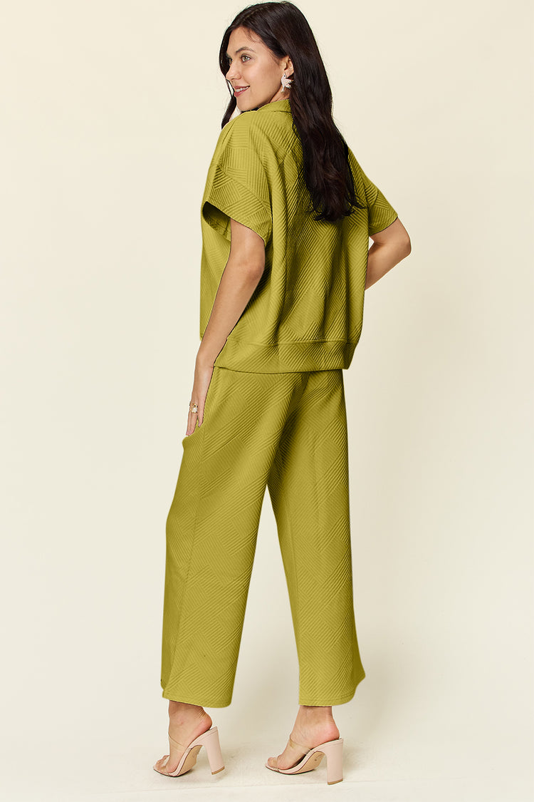 Double Take Full Size Texture Half Zip Short Sleeve Top and Pants Set - MyEmpired