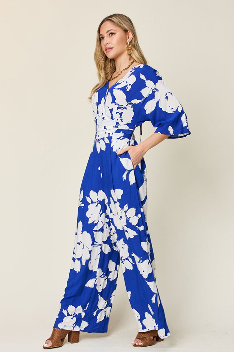 Double Take Full Size Printed Tie Back Wide Leg Jumpsuit - MyEmpired
