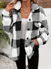 Plaid Fuzzy Fall & Winter Coat, Casual Button Front Long Sleeve Warm Outerwear, Women&