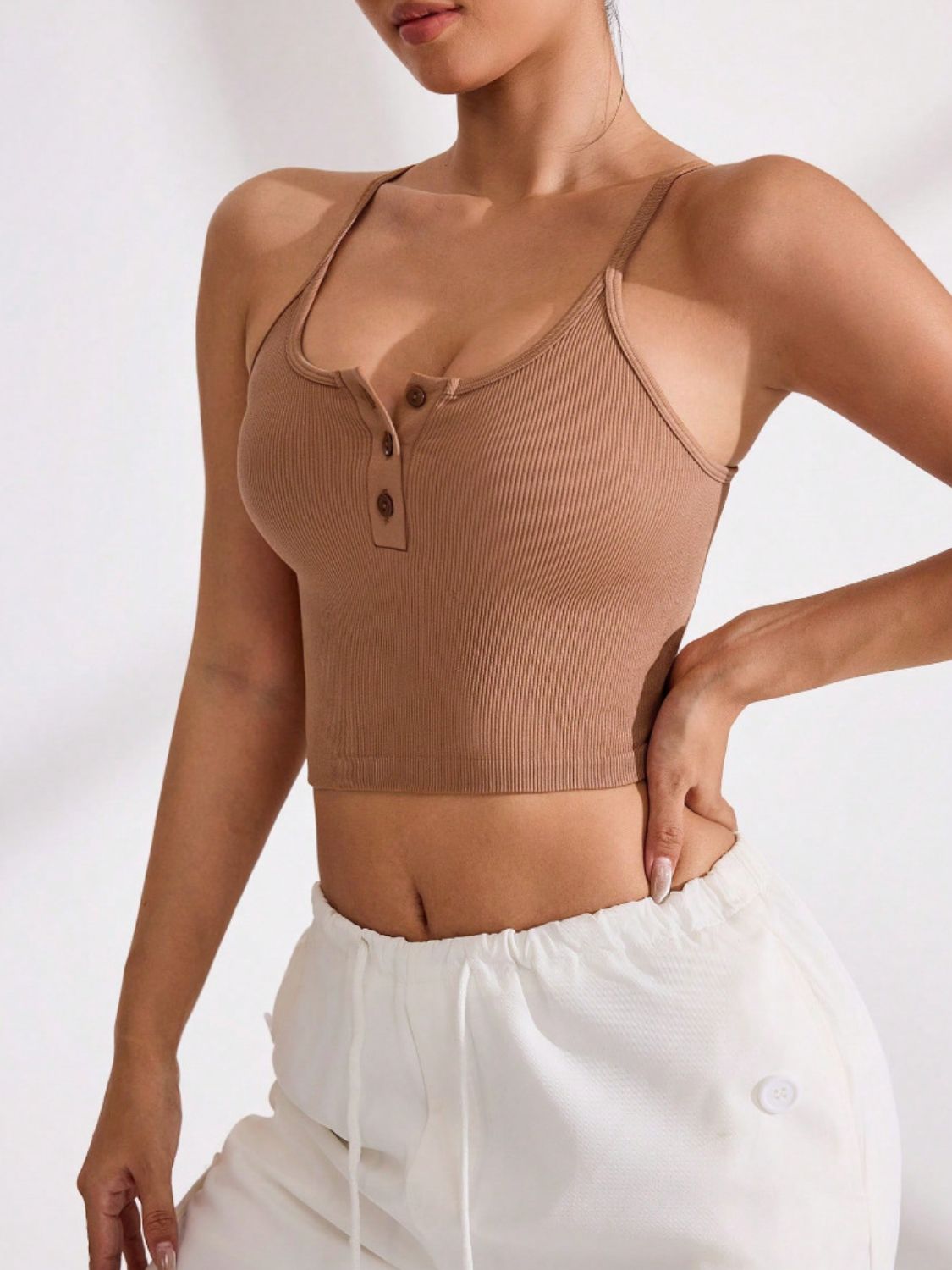 Ribbed Half Button Cropped Active Cami - MyEmpired