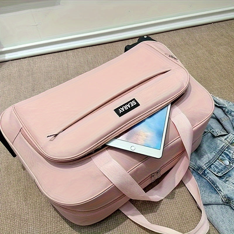 Spacious Foldable Canvas Travel Bag with Telescopic Handle - Perfect for Business Trips & Carry-On Luggage, Easy Pack Design, Available in Pink/Purple/Blue/Black - MyEmpired