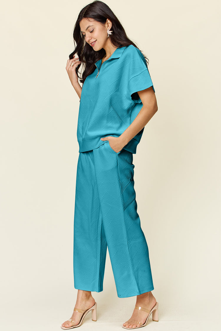 Double Take Full Size Texture Half Zip Short Sleeve Top and Pants Set - MyEmpired