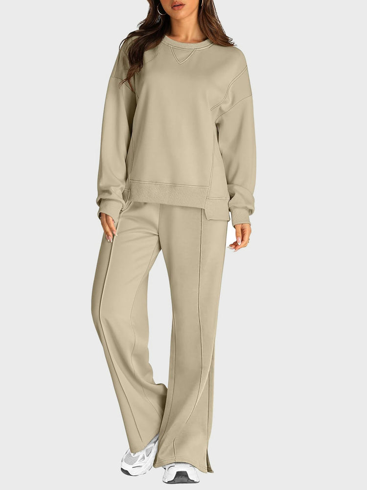 Round Neck Long Sleeve Top and Slit Pants Set - MyEmpired
