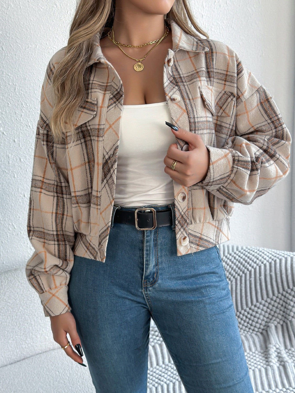 Plaid Button Up Long Sleeve Jacket - MyEmpired