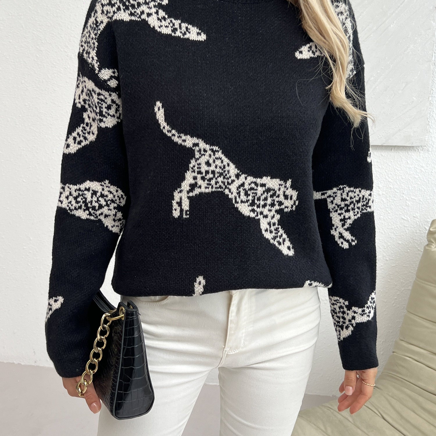 Leopard Pattern Mock Neck Sweater, Elegant Long Sleeve Sweater For Fall & Winter, Women&