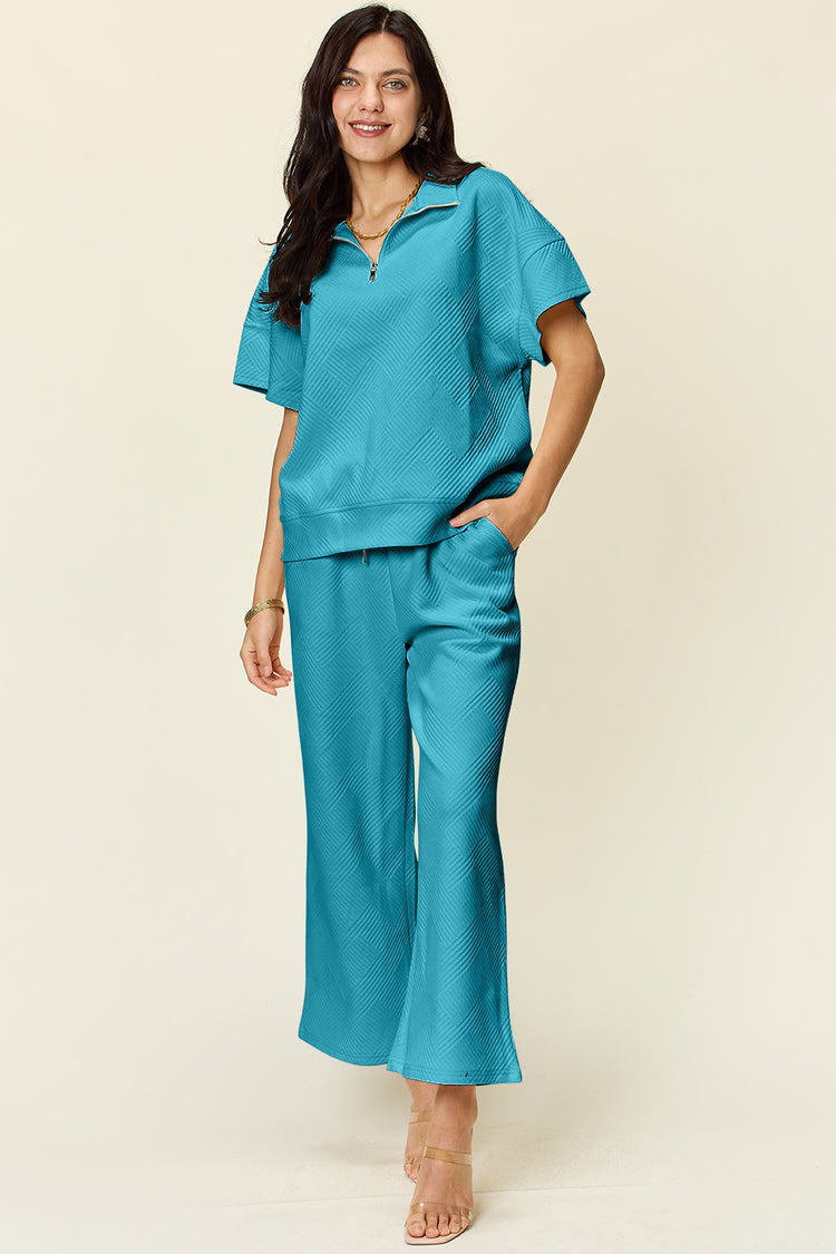 Double Take Full Size Texture Half Zip Short Sleeve Top and Pants Set - MyEmpired