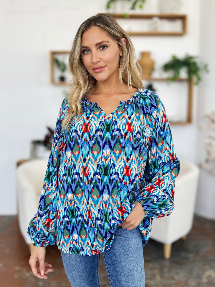 Double Take Full Size Printed Balloon Sleeve Blouse - MyEmpired