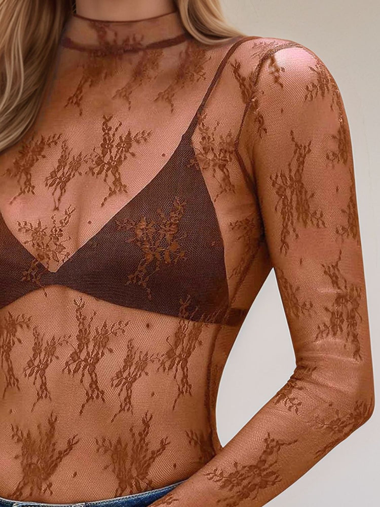 Floral Mock Neck Long Sleeve Mesh Top - MyEmpired