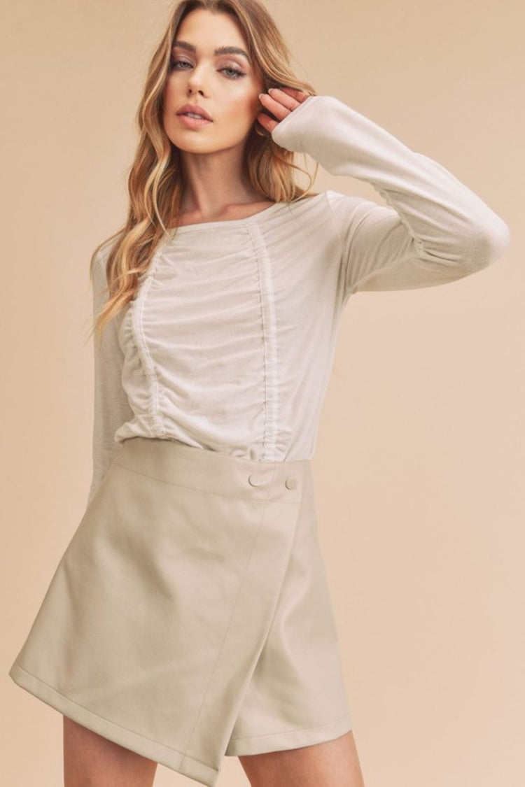 Aemi + Co Ruched Front Round Neck Long Sleeve T-Shirt - MyEmpired