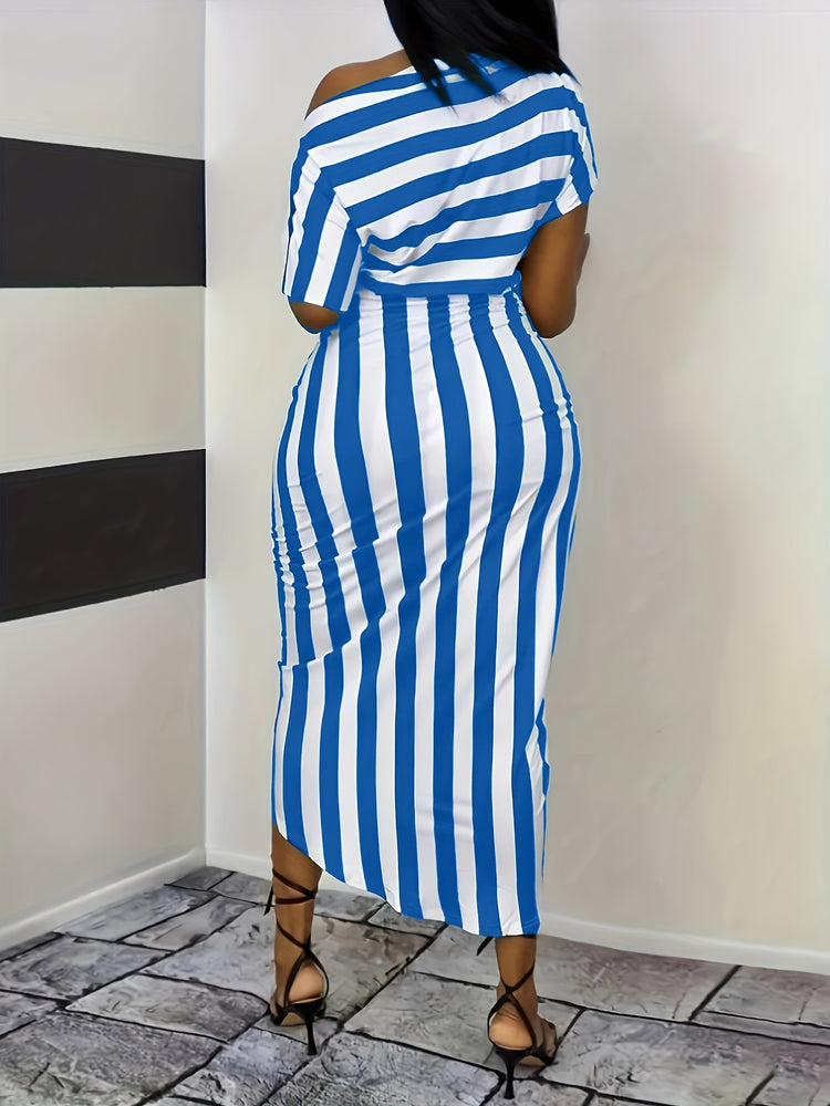 Striped One Shoulder Split Dress - MyEmpired