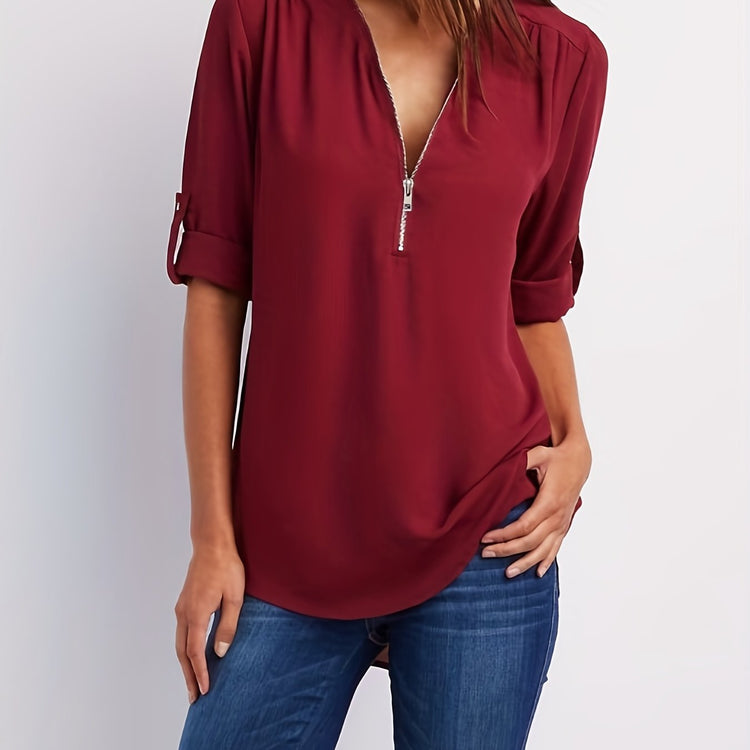 Solid V Neck Blouse - MyEmpired