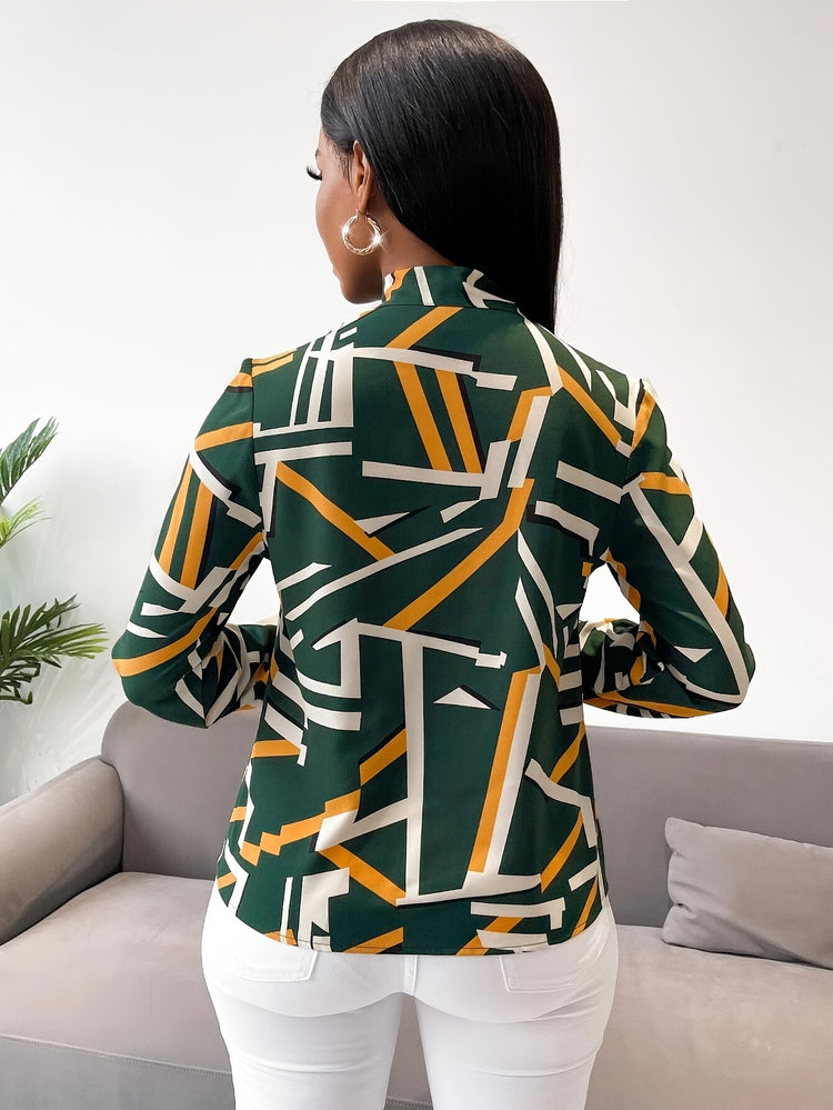 Geo Print Tie Neck Blouse - MyEmpired