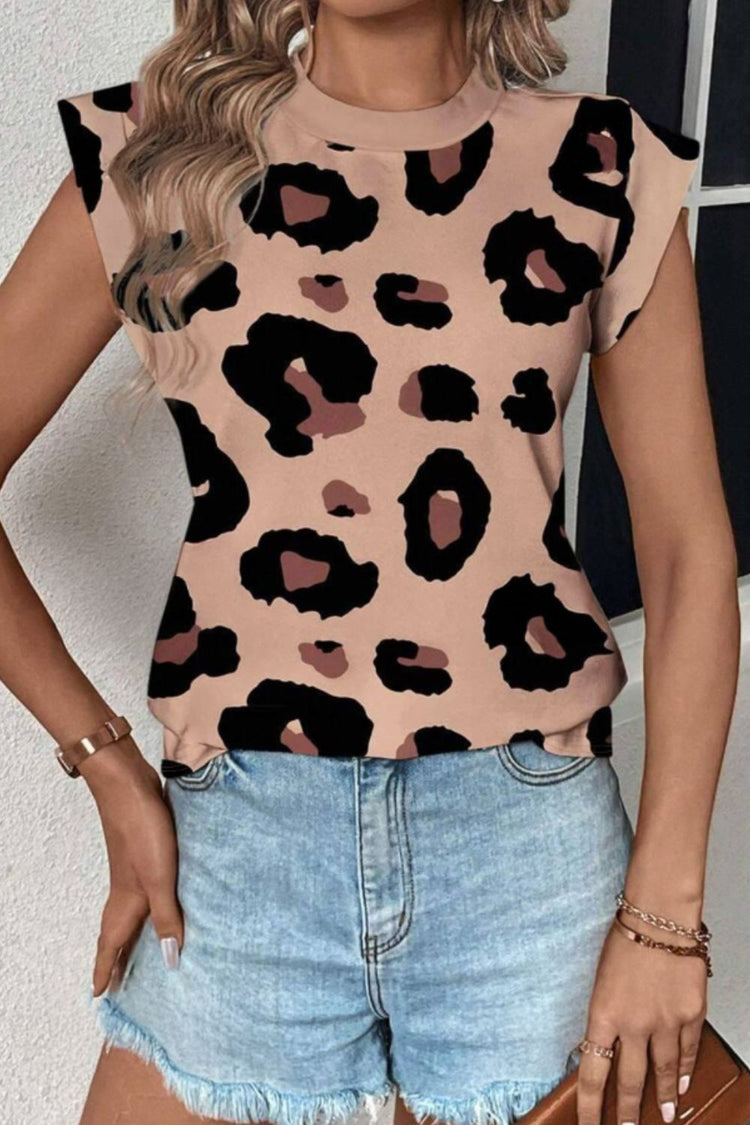 Leopard Round Neck Cap Sleeve T-Shirt - MyEmpired