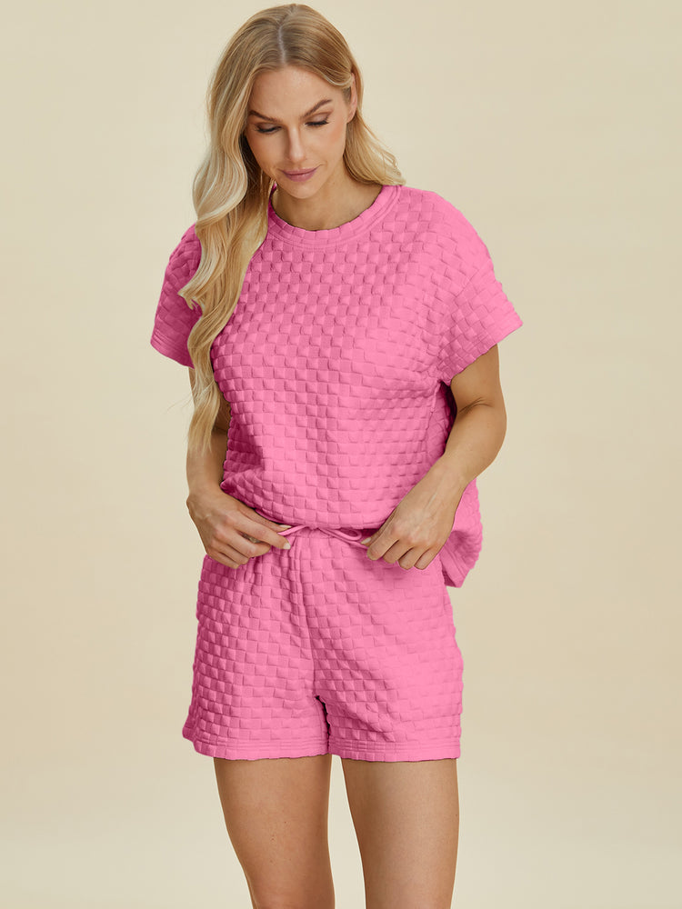 Double Take Full Size Texture T-Shirt and Shorts Set - MyEmpired