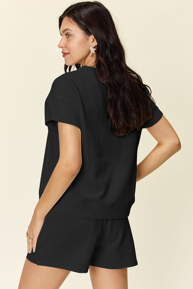 Double Take Full Size Texture Short Sleeve T-Shirt and Drawstring Shorts Set - MyEmpired