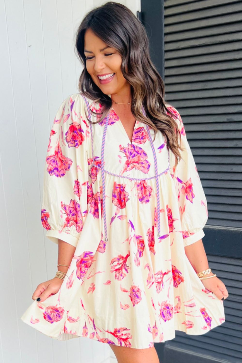 Tied Flower Printed Three-Quarter Sleeve Dress - MyEmpired