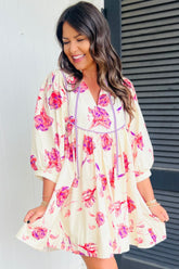 Tied Flower Printed Three-Quarter Sleeve Dress - MyEmpired