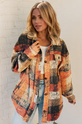 Double Take Button Up Plaid Fleece Shacket with Pockets - MyEmpired