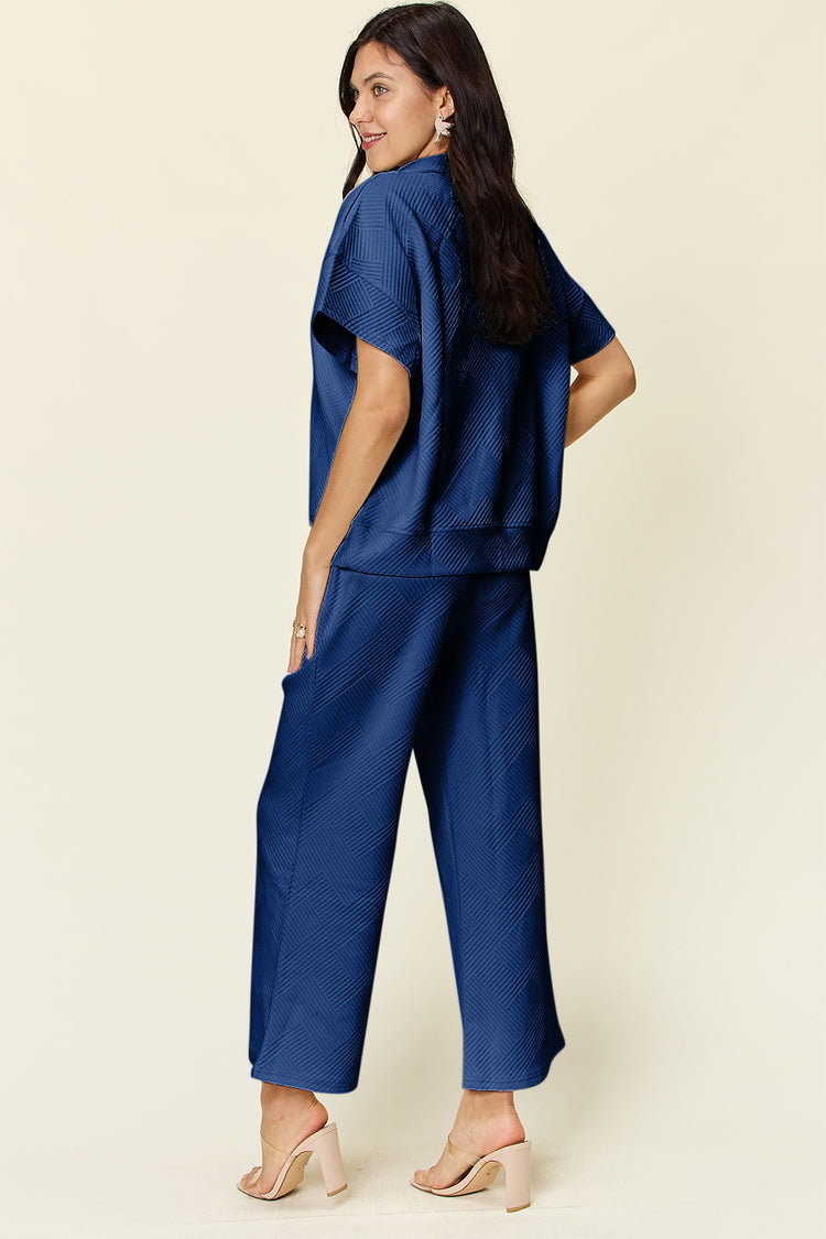 Double Take Full Size Texture Half Zip Short Sleeve Top and Pants Set - MyEmpired