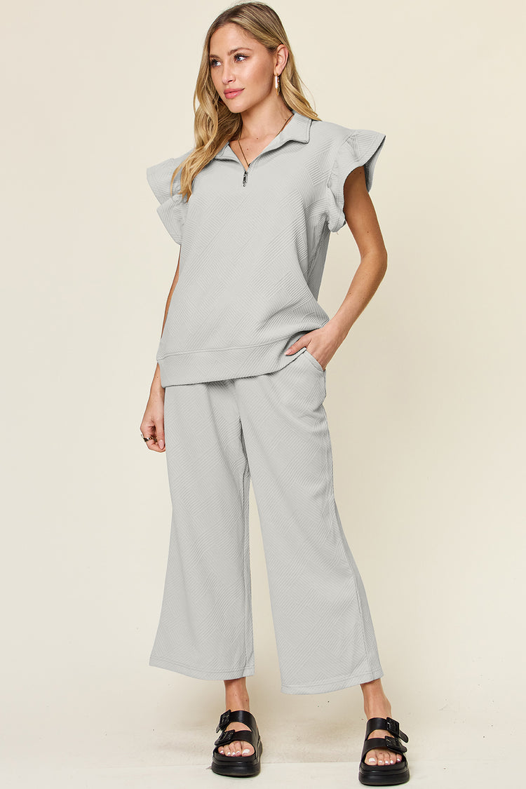 Double Take Texture Ruffle Short Sleeve Top and Drawstring Wide Leg Pants Set - MyEmpired