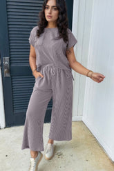 Corded Knit Short Sleeve T-Shirt and Wide Leg Pants Set - MyEmpired