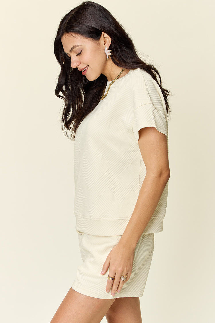 Double Take Full Size Texture Short Sleeve T-Shirt and Drawstring Shorts Set - MyEmpired