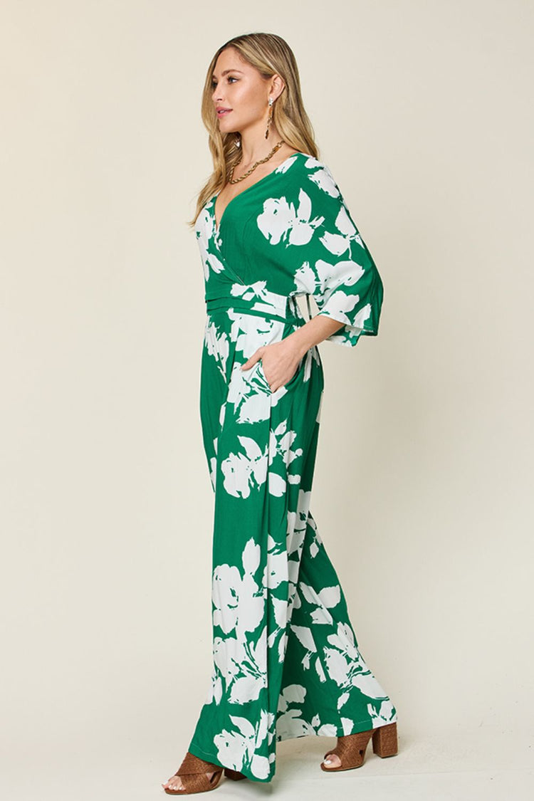 Double Take Full Size Printed Tie Back Wide Leg Jumpsuit - MyEmpired
