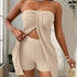 Elegant Textured Solid Two Piece Set, Split Ruched Tube Top & High Waist Skinny Shorts Outfits, Women&