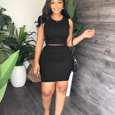 Solid Skirt 2 Piece Set, Casual Crew Neck Tank Top & Bodycon Skirt For Summer, Women&