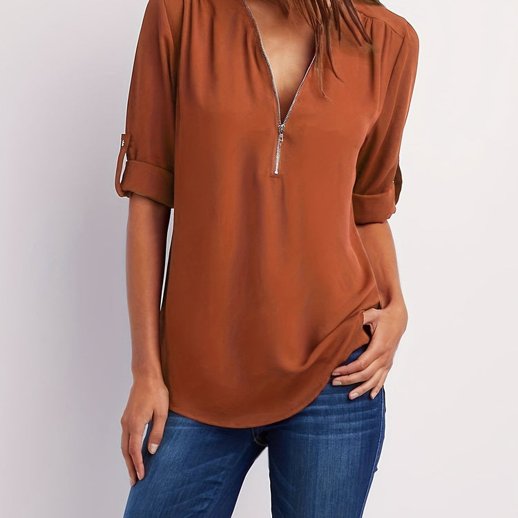 Solid V Neck Blouse - MyEmpired