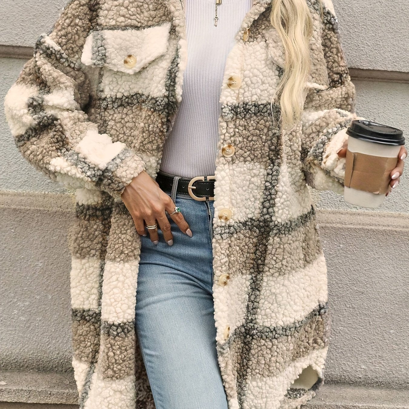 Plaid Pattern Button Front Fuzzy Jacket, Casual Thermal Long Sleeve Long Length Collar Coat For Fall & Winter, Women&