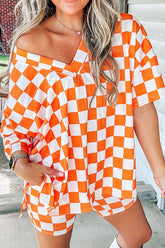 Checkerboard V Neck Loose Tee and Shorts Set - MyEmpired