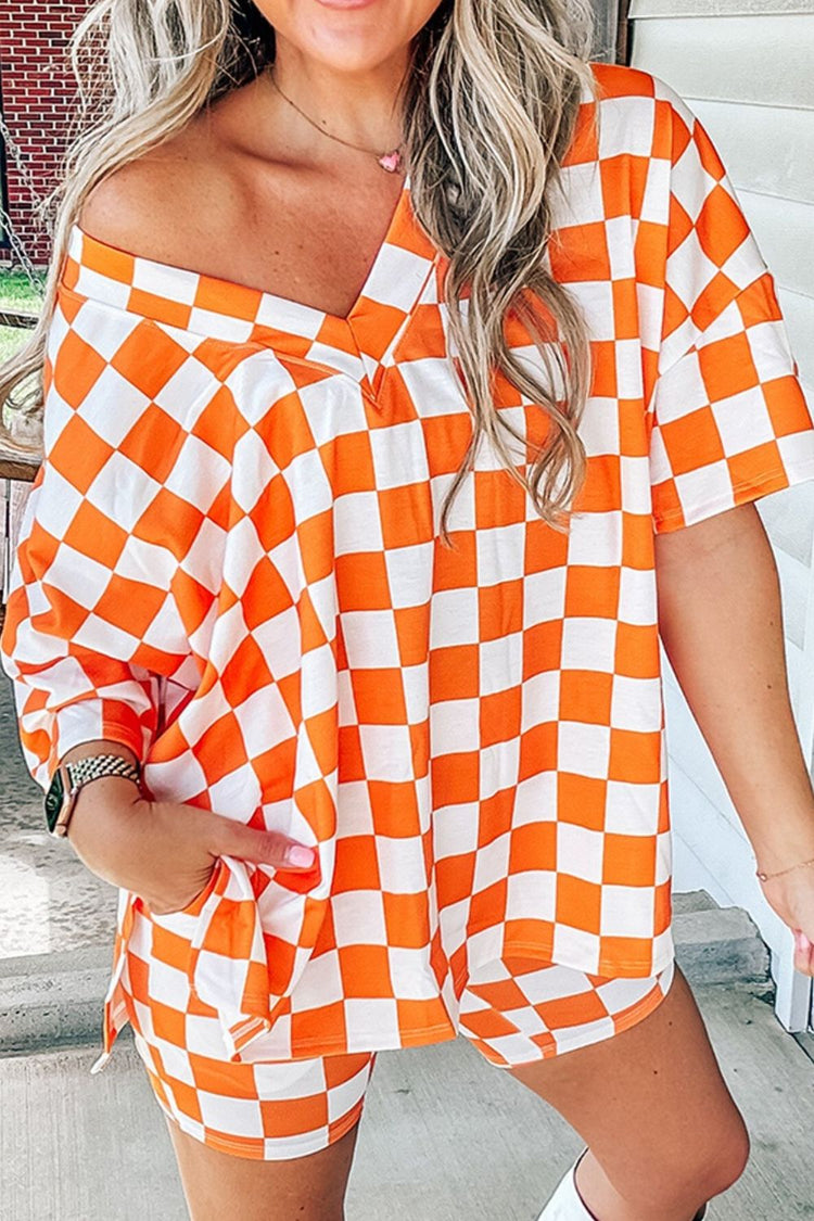 Checkerboard V Neck Loose Tee and Shorts Set - MyEmpired