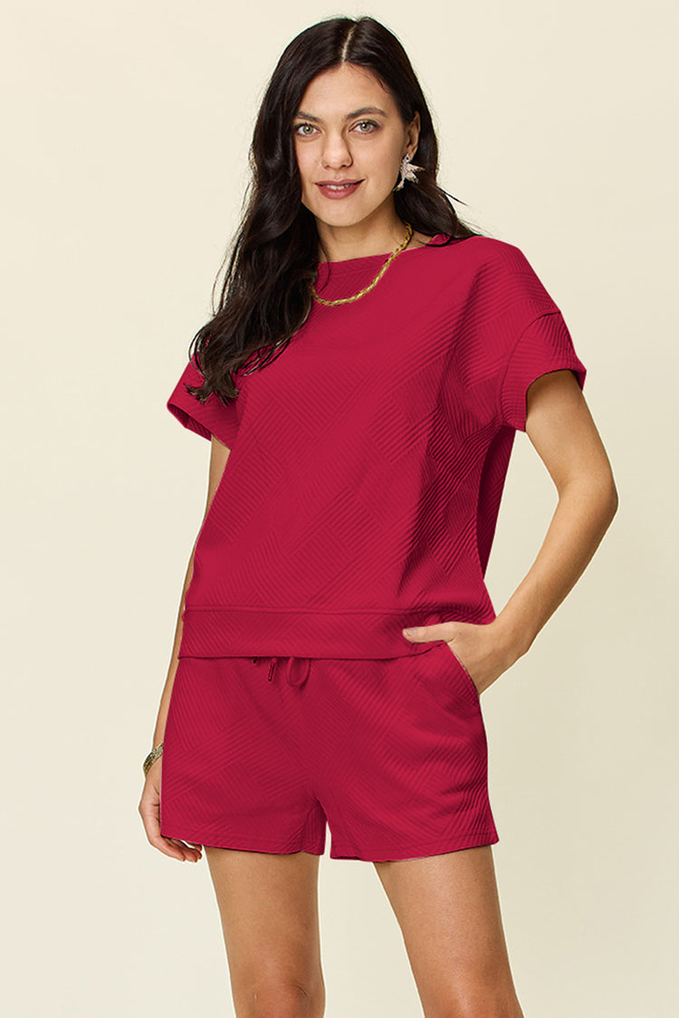 Double Take Full Size Texture Short Sleeve T-Shirt and Drawstring Shorts Set - MyEmpired